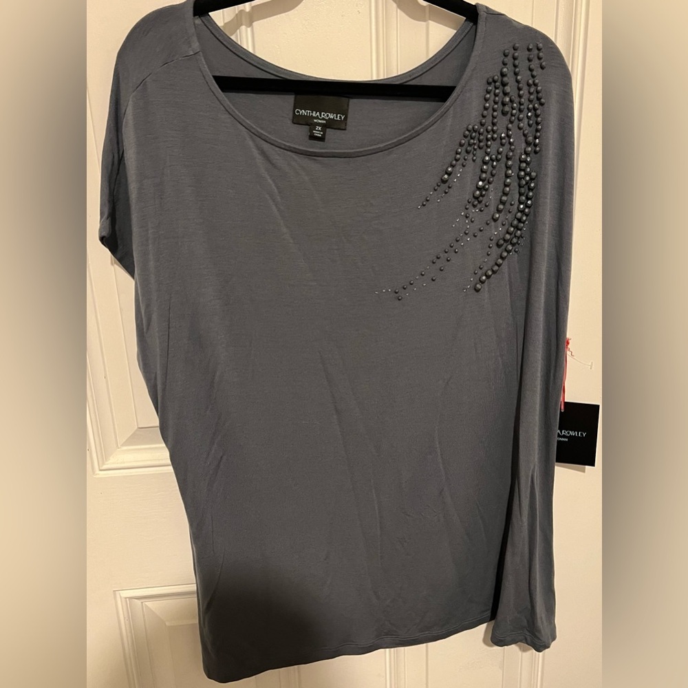 New! Cynthia Rowley Slate Blue Short Sleeve Beaded Embellished Top Size 2X  NWT!